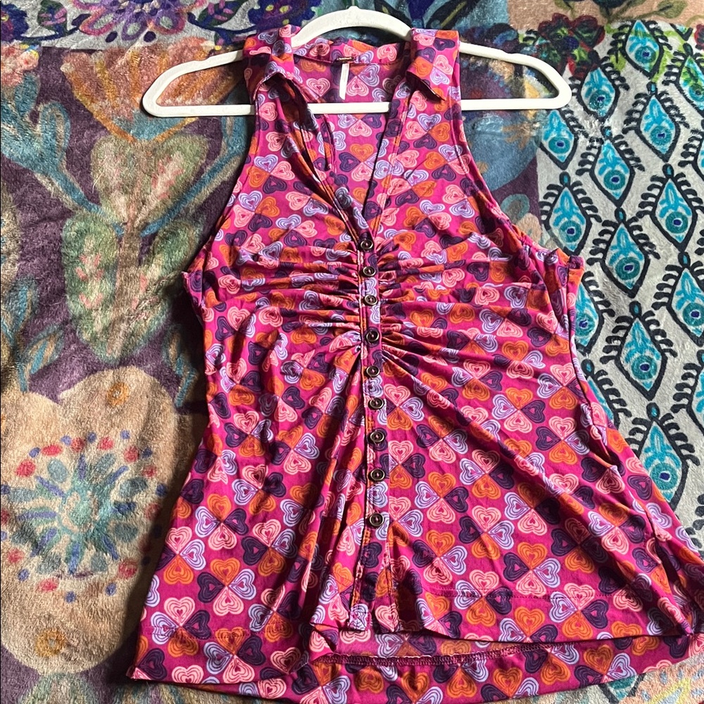 FREE PEOPLE Pink & Purple Heart Pattern Collared Top Size XS